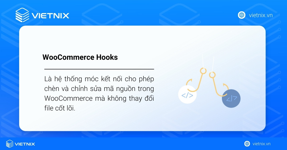 WooCommerce Hooks là hệ thống móc kết nối cho phép chèn và chỉnh sửa mã nguồn trong WooCommerce mà không thay đổi file cốt lõi