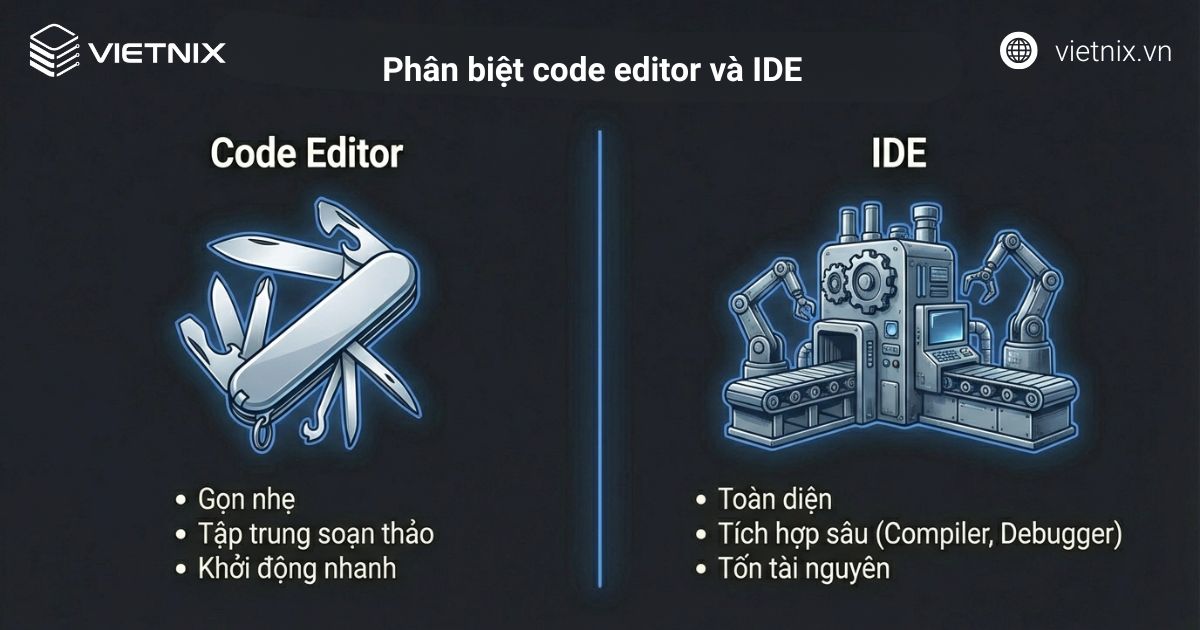 So sánh code editor và IDE