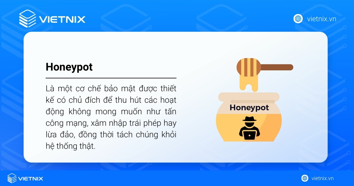 Honeypot là một cơ chế an ninh mạng được dựng lên có chủ đích để “dụ” các hành vi không mong muốn như tấn công