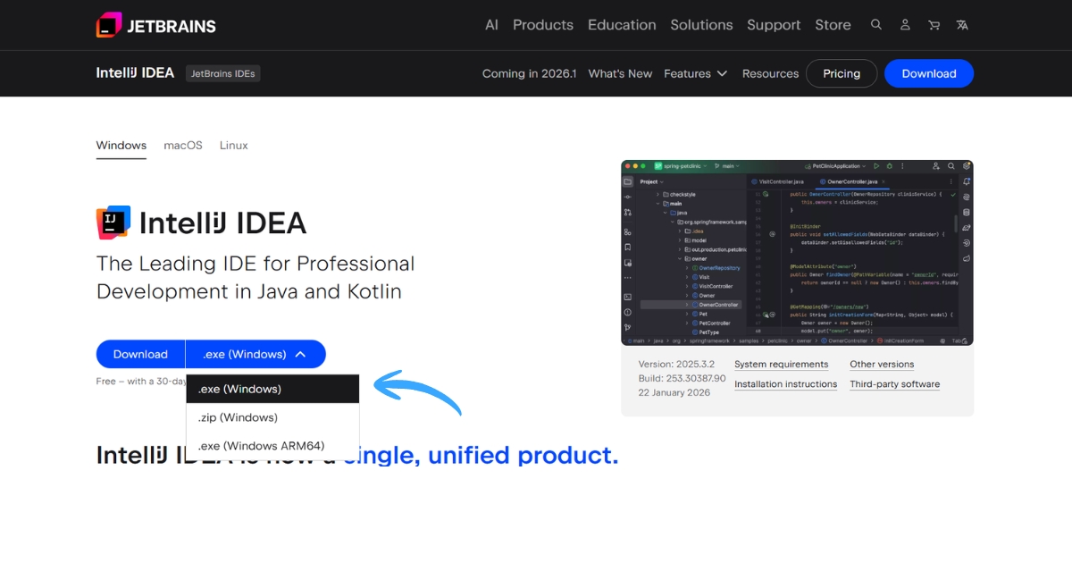 Tại trang tải xuống, bạn chọn phiên bản IntelliJ IDEA Ultimate muốn tải