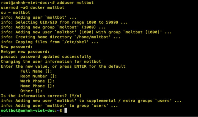 Bạn có thể dùng lệnh adduser moltbot để tạo user riêng cho Moltbot