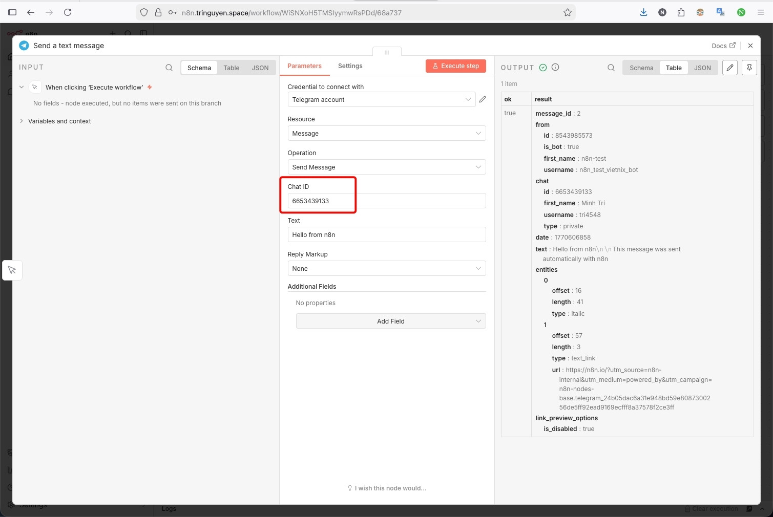 Hướng dẫn kết nối n8n Telegram credentials chi tiết dành cho người mới 31 Tại trường Chat ID thì bạn cần dán đoạn ID của mình vào