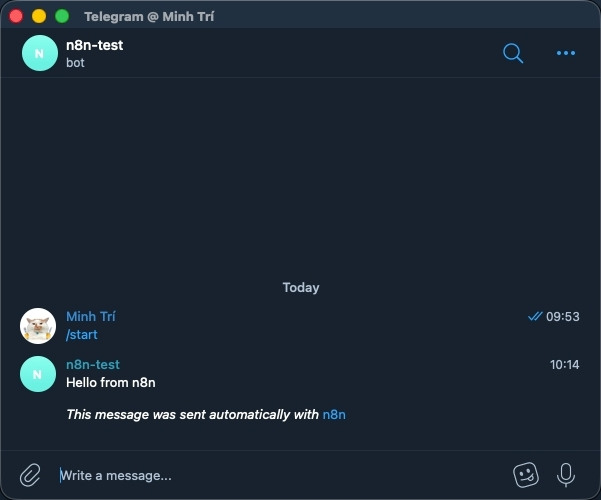 Hướng dẫn kết nối n8n Telegram credentials chi tiết dành cho người mới 32 Bạn cần kiểm tra bot sau khi đã thiết lập