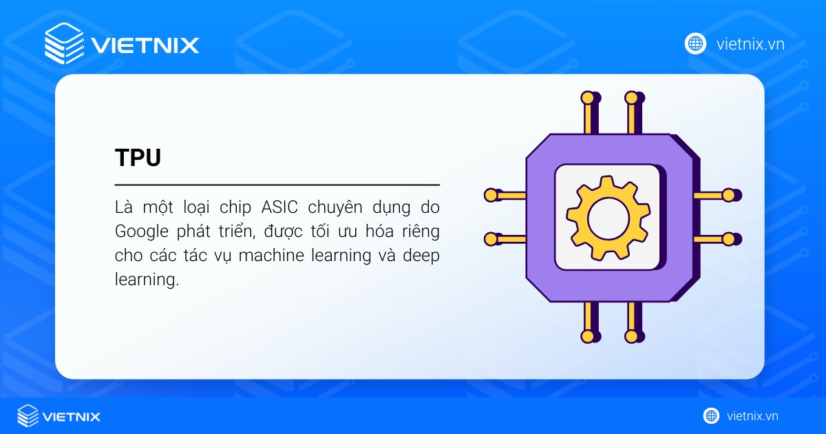 TPU là chip chuyên dụng do Google phát triển để tăng tốc các tác vụ machine learning và deep learning