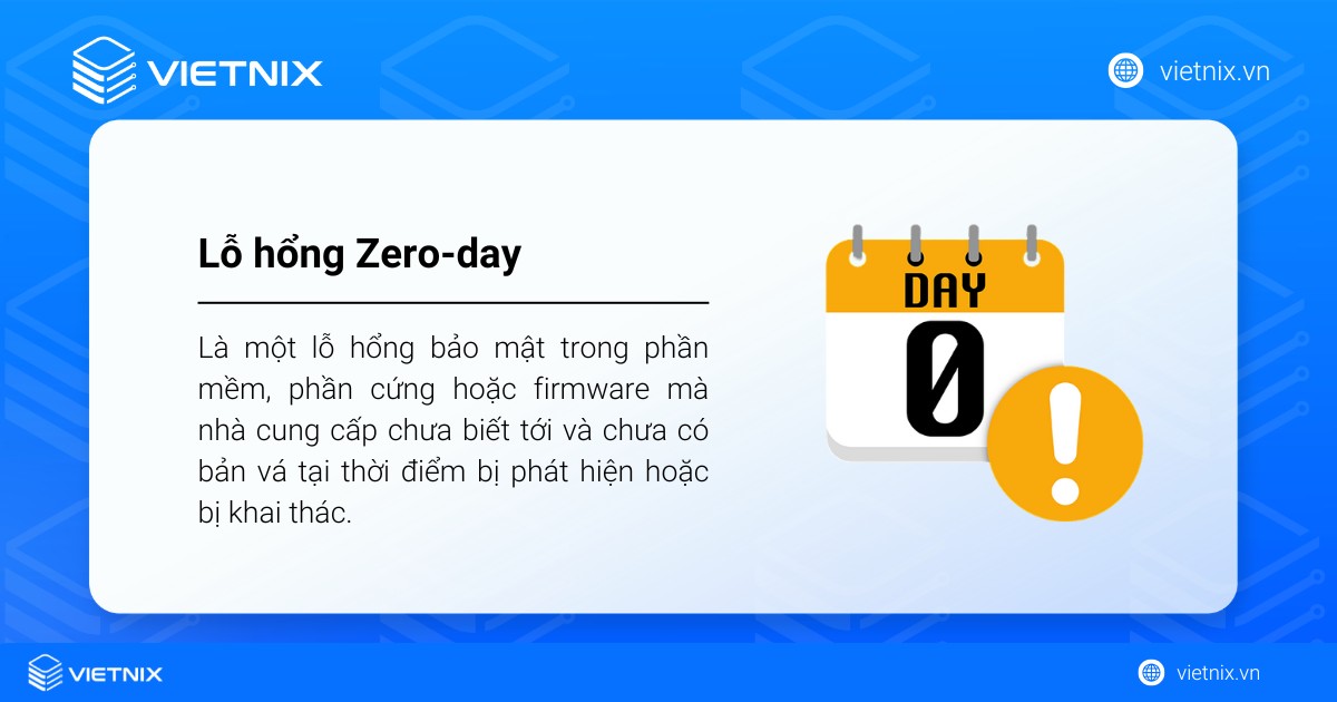 Lỗ hổng Zero-day là lỗ hổng bảo mật trong phần mềm, phần cứng hoặc firmware mà nhà cung cấp chưa biết tới 