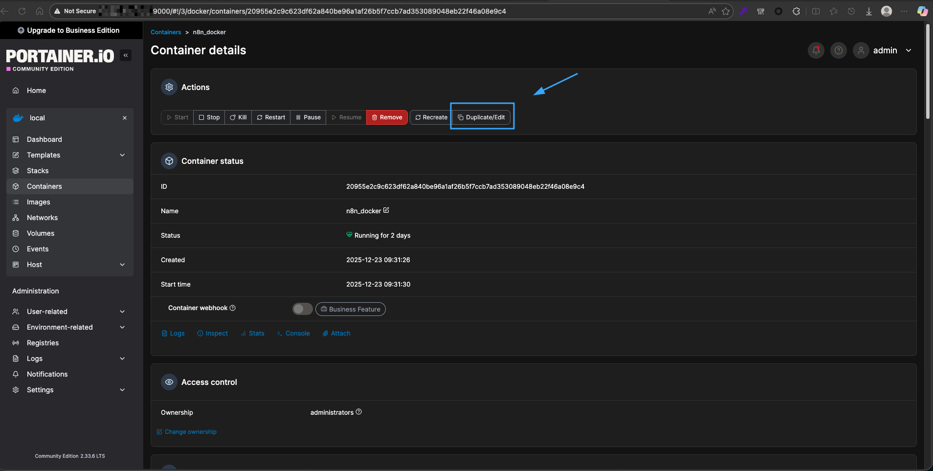 Dùng nút Duplicate/Edit nếu muốn sao chép container hiện tại 