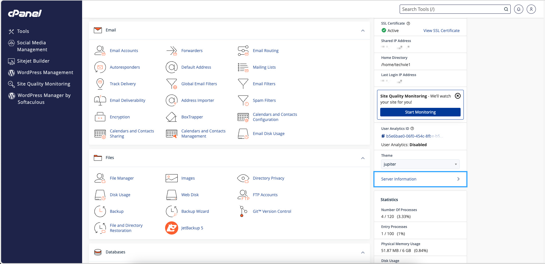Kiểm tra thông tin server qua cPanel hoặc hosting control panel