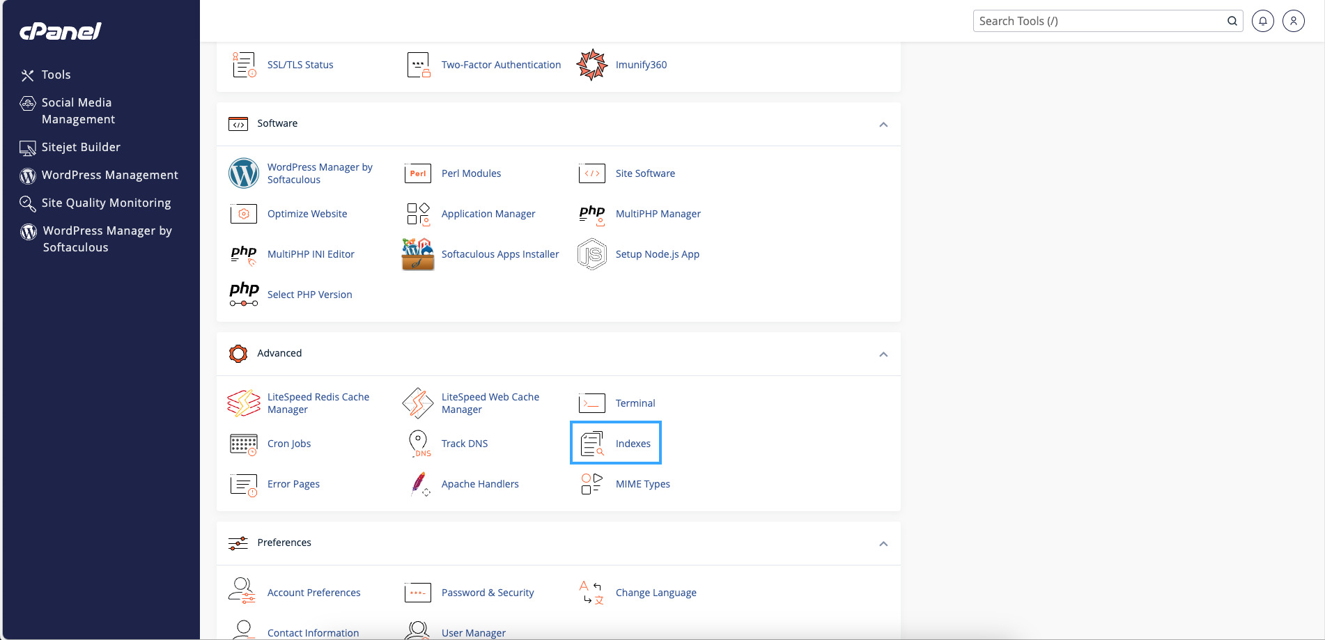 Đăng nhập cPanel và truy cập Indexes