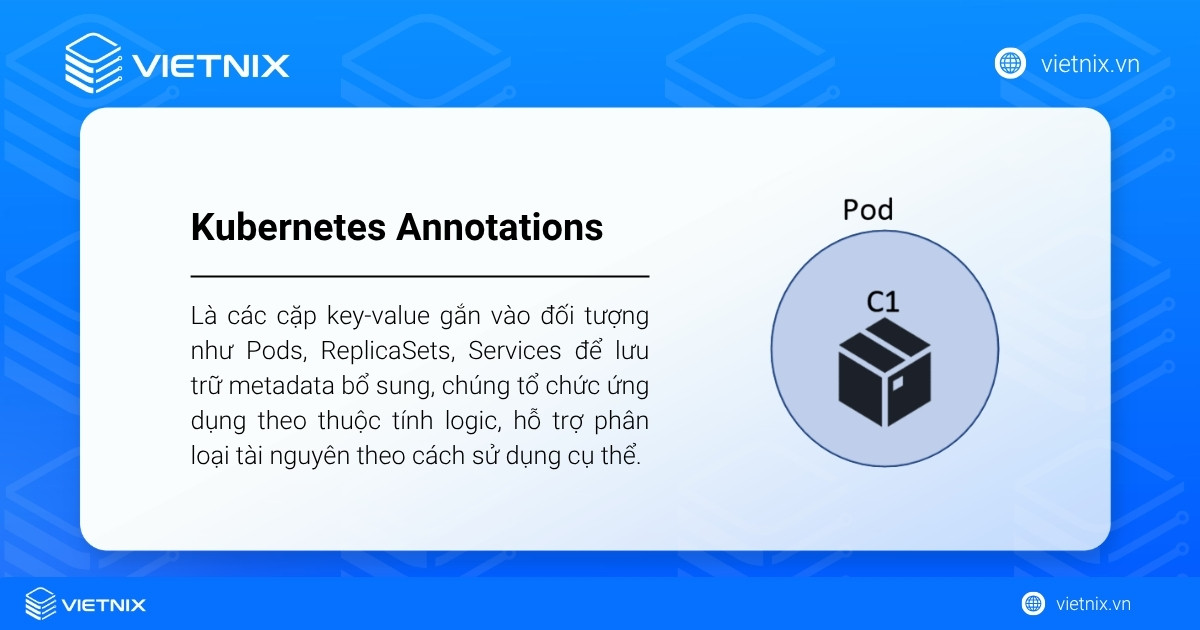 Kubernetes Annotations là các cặp khóa - giá trị (key-value) được đính kèm vào các đối tượng