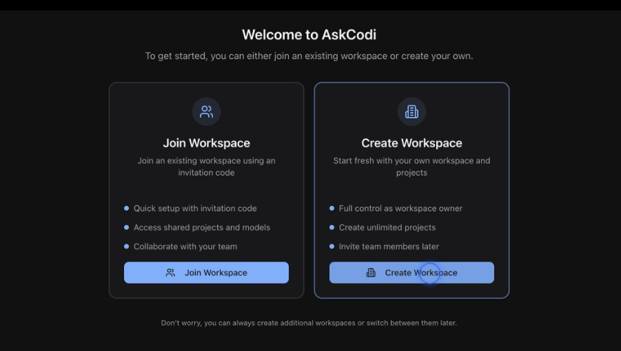 Chọn Join Workspace hoặc Create Workspace để tạo không gian làm việc
