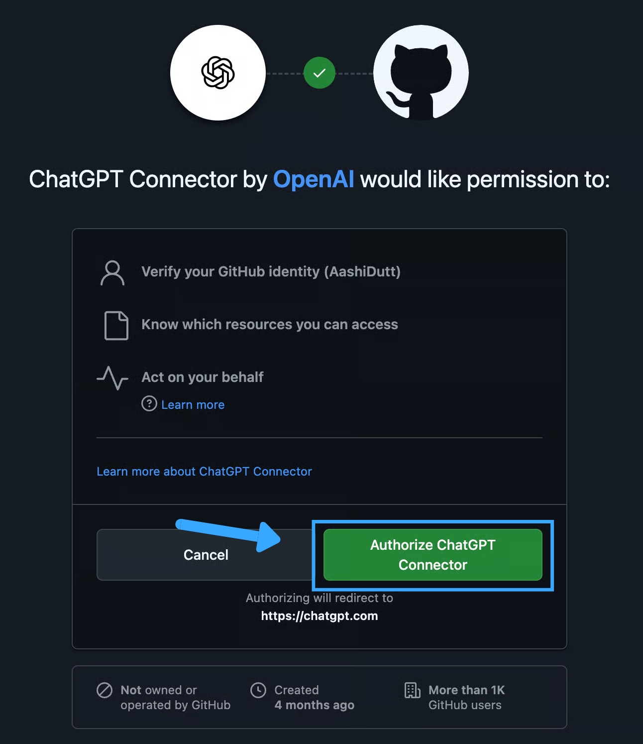 Bạn hãy đọc kỹ thông tin và chọn Authorize ChatGPT Connector để cấp quyền cho tiện ích.