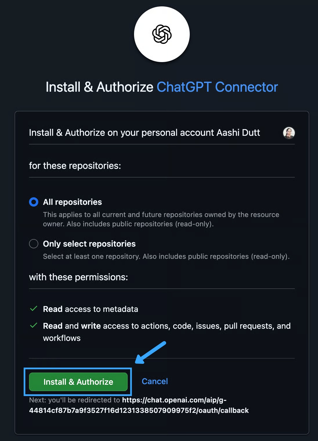 bạn nhấn Install and Authorize để đồng bộ các kho lưu trữ