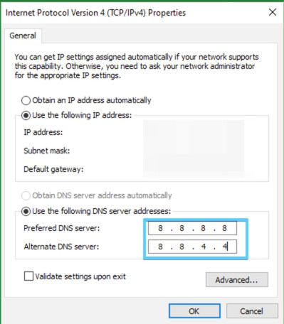 Cuối cùng, bạn nhập 8.8.8.8 vào Preferred DNS server và 8.8.4.4 vào Alternate DNS server rồi nhấn OK