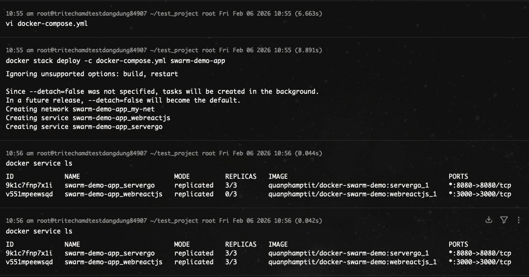 Output lệnh docker stack deploy -c /home/docker/docker-compose.yml swarm-demo-app