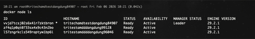 Bảng kết quả sẽ thể hiện node nào là manager, node nào là worker và trạng thái sẵn sàng