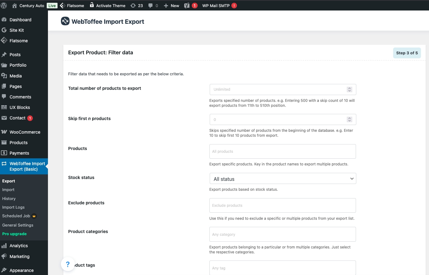 Bạn filter theo Product Types, Categories, Stock Status, Tags qua dropdown