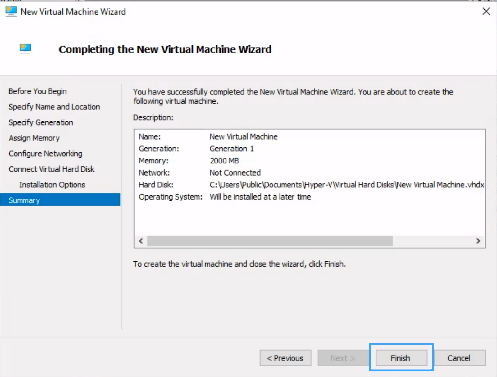 Bạn nhấp Finish để hoàn tất việc tạo máy ảo.