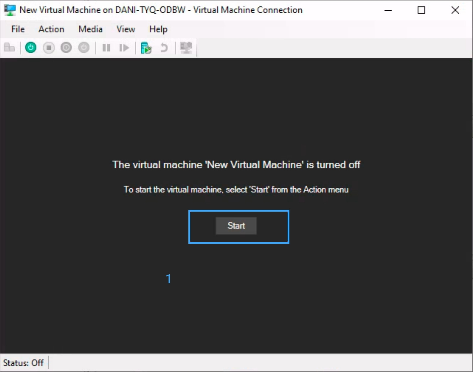 Trong cửa sổ Virtual Machine Connection, bạn nhấp vào nút Start