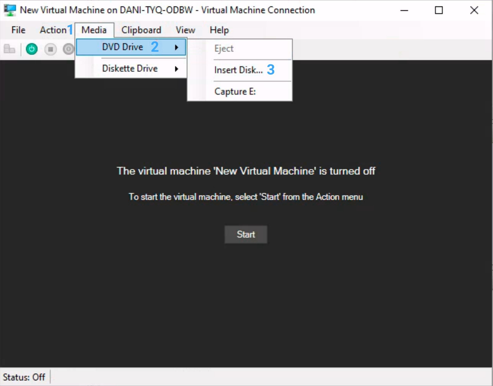 Bạn cần nhanh chóng gắn tệp ISO cài đặt hệ điều hành bằng cách vào menu Media -> DVD Drive -> Insert Disk...