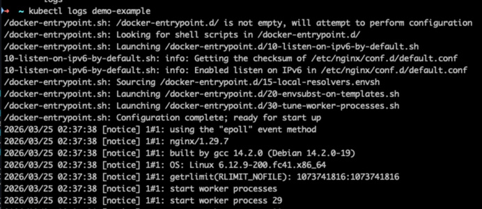 Output lệnh kubectl logs