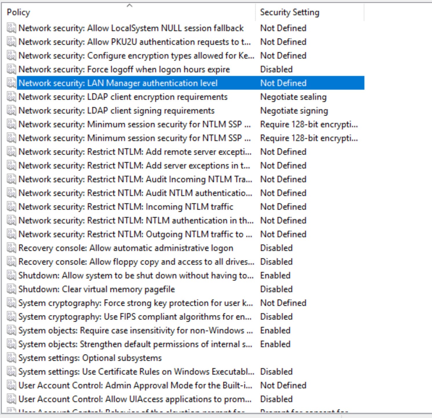 Chọn Network security: LAN Manager Authentication Level