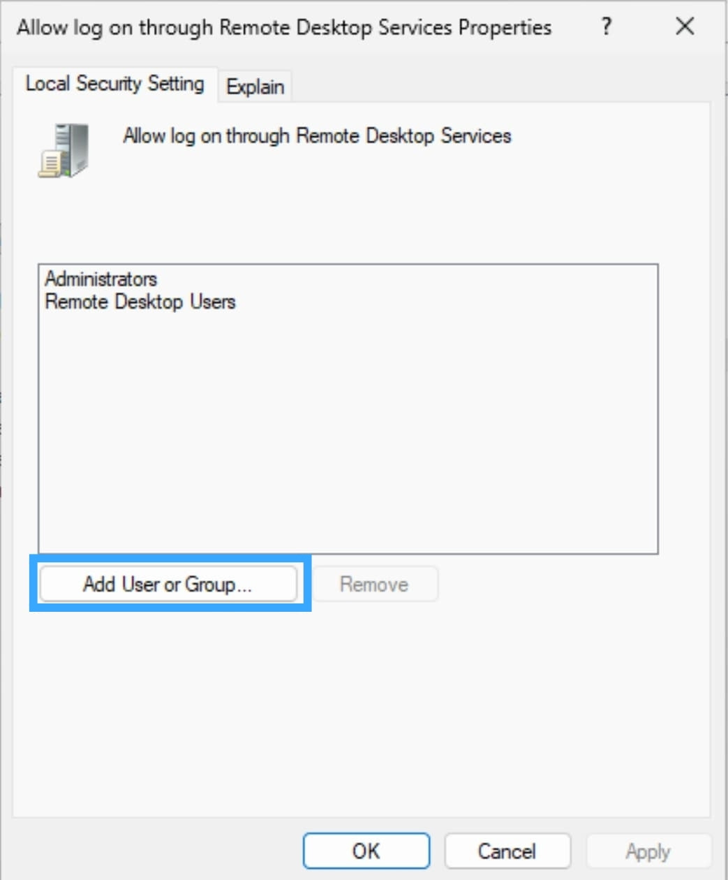 Chọn Thêm người dùng hoặc nhóm