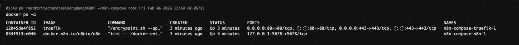 Bạn cần xác nhận toàn bộ container liên quan như n8n, reverse proxy (Traefik/Nginx) và database đều đang chạy