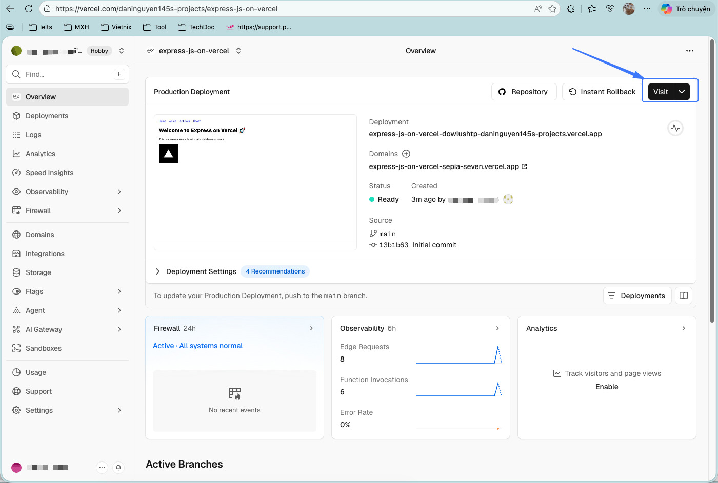Chọn Visit để xem ứng dụng Next JS chạy trên domain