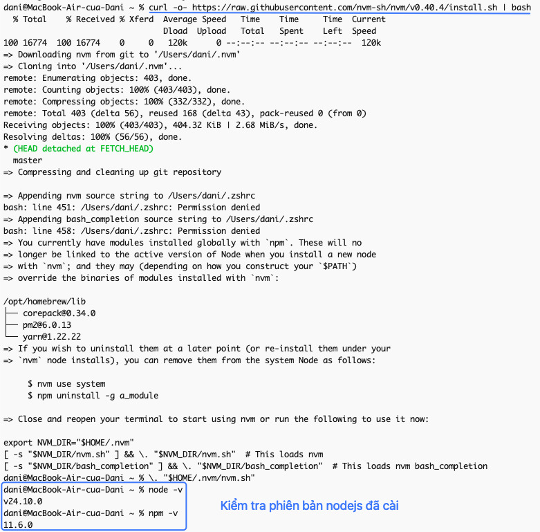 Kiểm tra phiên bản Node.js đã cài