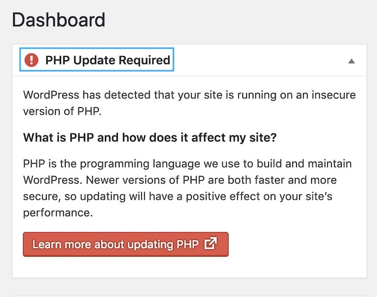 Cảnh báo "PHP Update Required" báo hiệu website WordPress đang tồn tại rủi ro bảo mật