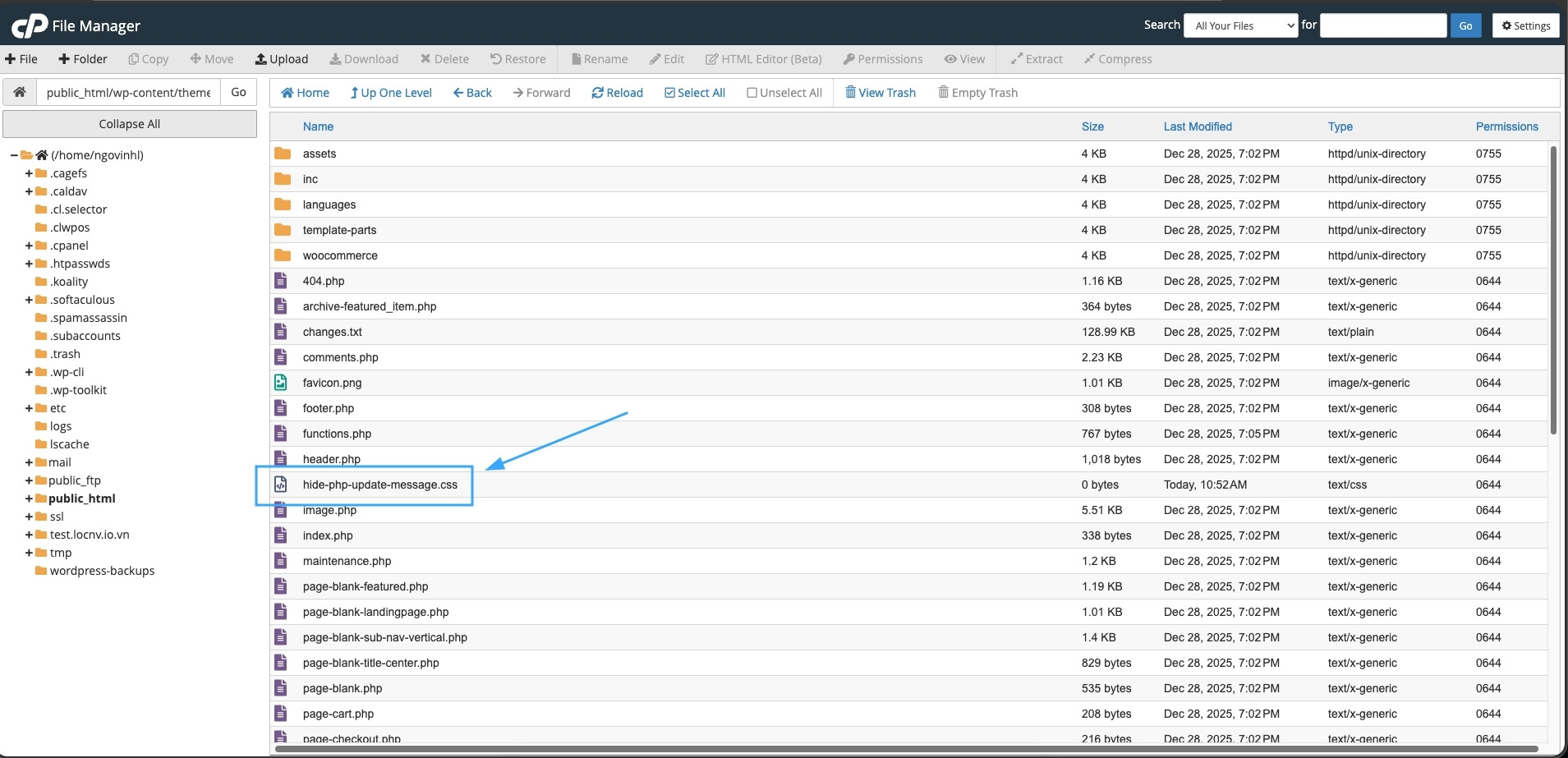 Bạn cần tạo file hide-php-update-message.css