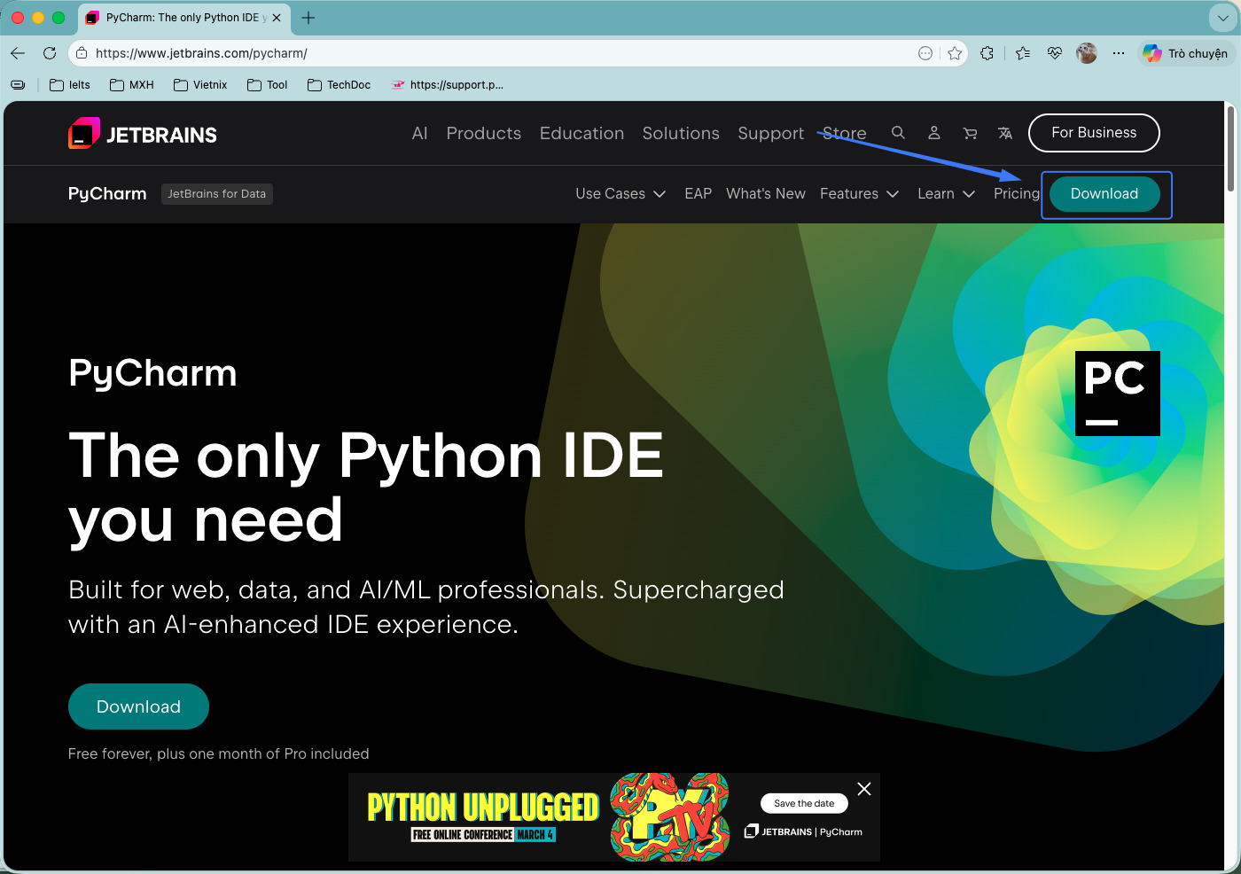 Chọn Download để tải về PyCharm