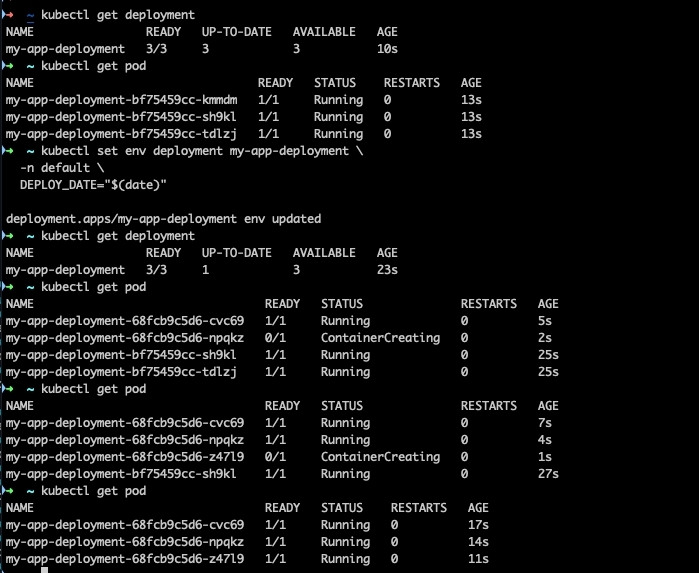 Lệnh giúp lần lượt xoá các pod cũ và deploy lại pod mới