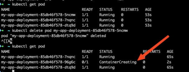 Sau khi thực hiện xoá thì deployment sẽ ngay lập tức tạo lại 1 pod khác