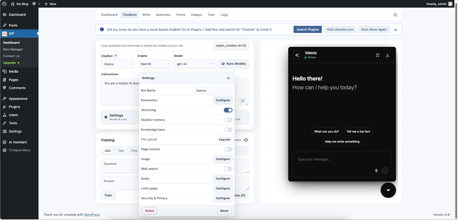 Bạn vào mục Chatbots để cấu hình
