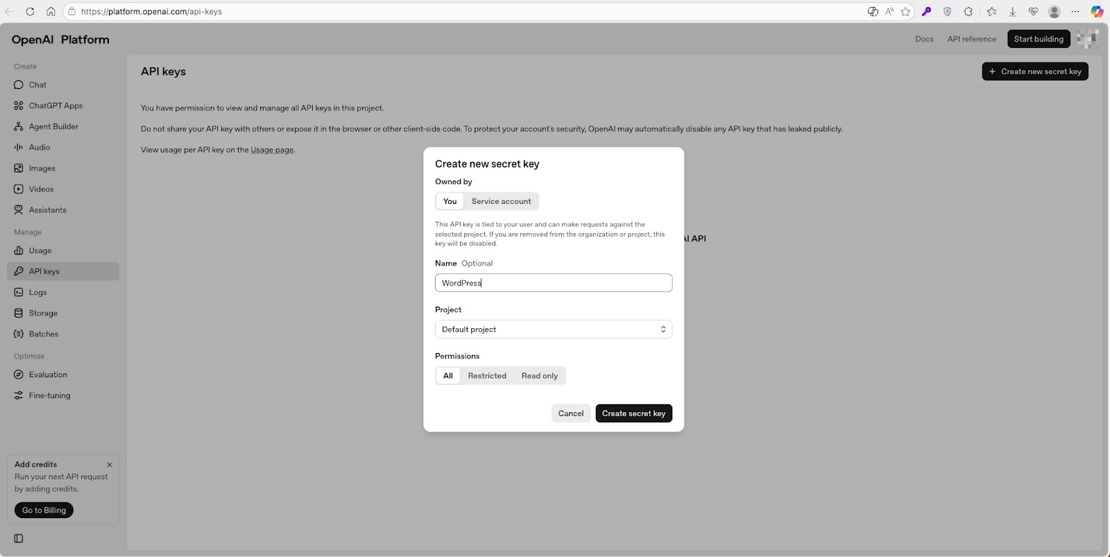 Bạn cần tạo API key mới để thích hợp vào WordPress