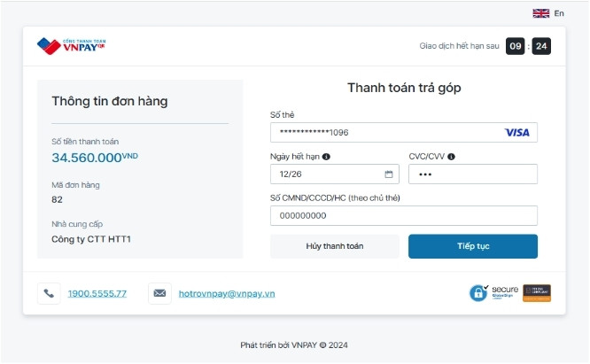 Số CMND/CCCD trên môi trường kiểm thử có thể nhập tùy ý