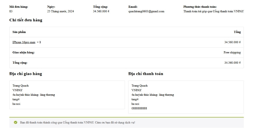 Đơn hàng đã đặt thành công