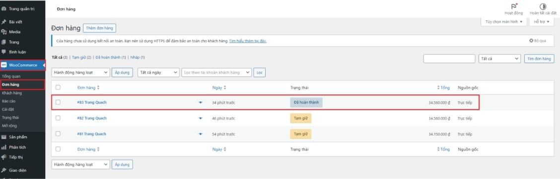 Quay vào trang đơn hàng để kiểm tra