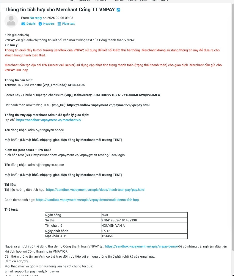 VNPAY sẽ cấp thông tin truy cập môi trường thử nghiệm