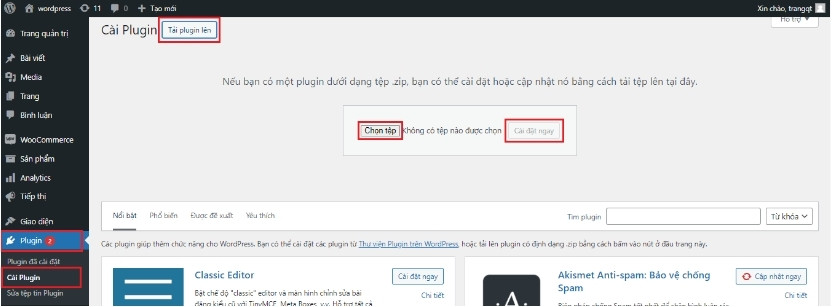 Bạn cần vào Plugin và chọn Tải plugin lên