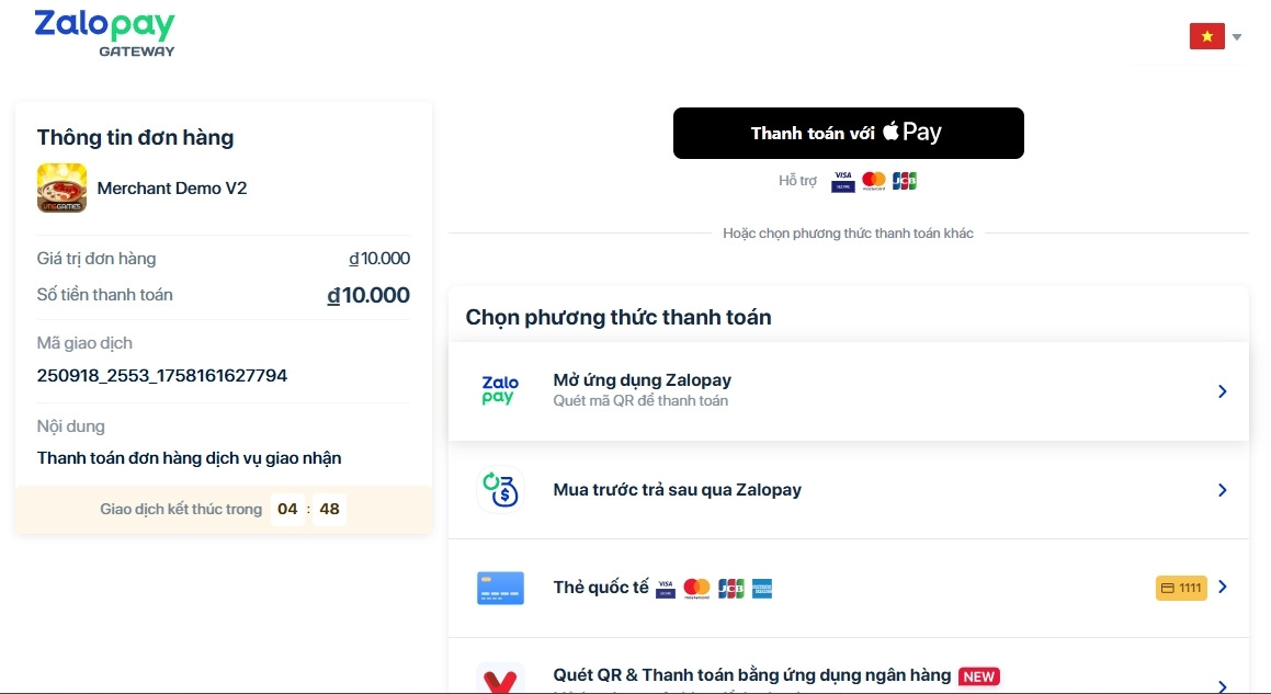 Kết quả gọi API tạo đơn hàng trả về một đường dẫn order_url