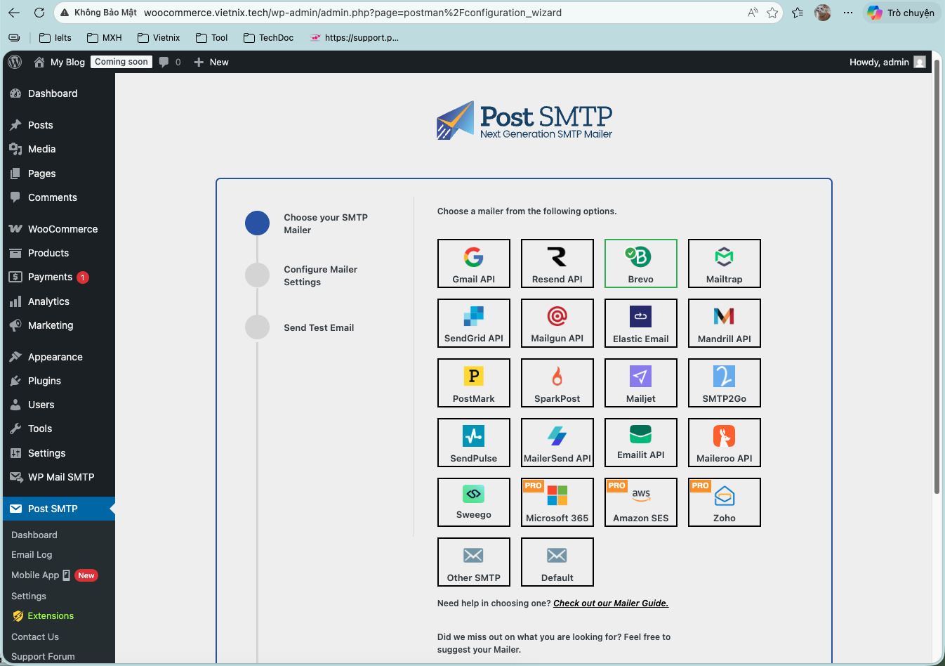 Mở trang cài đặt plugin và chọn dịch vụ gửi email