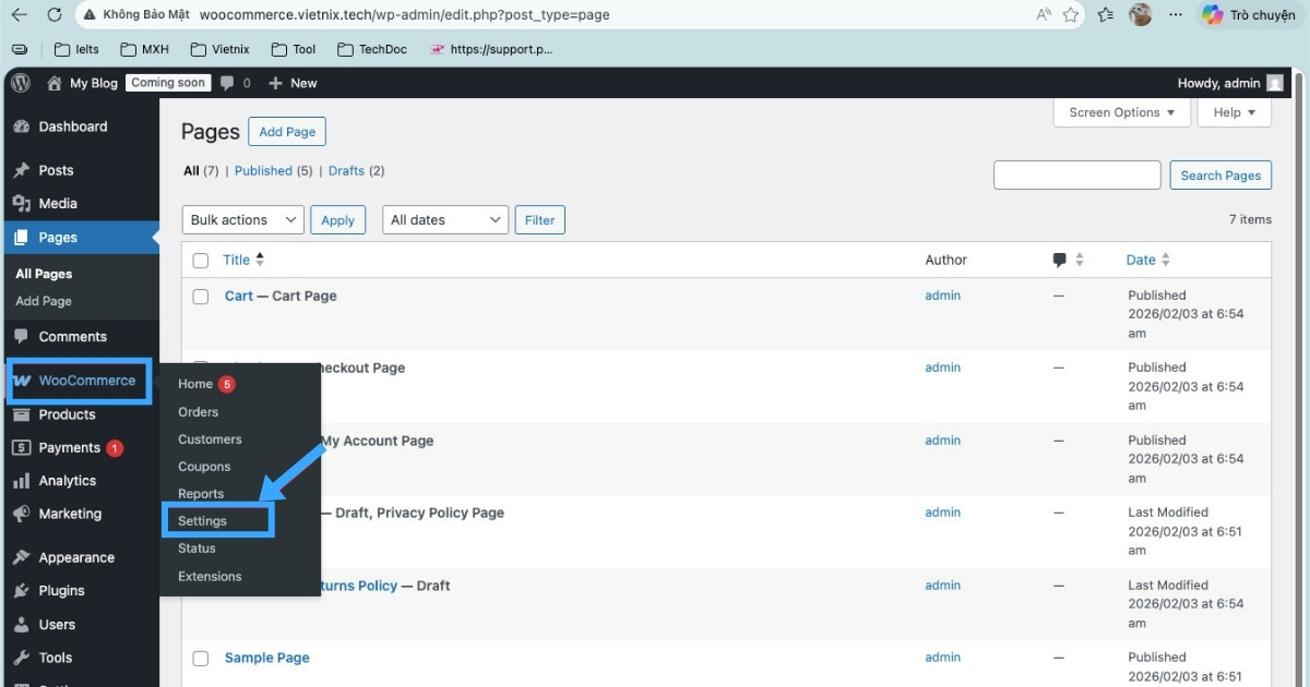 Vào WooCommerce và chọn Settings