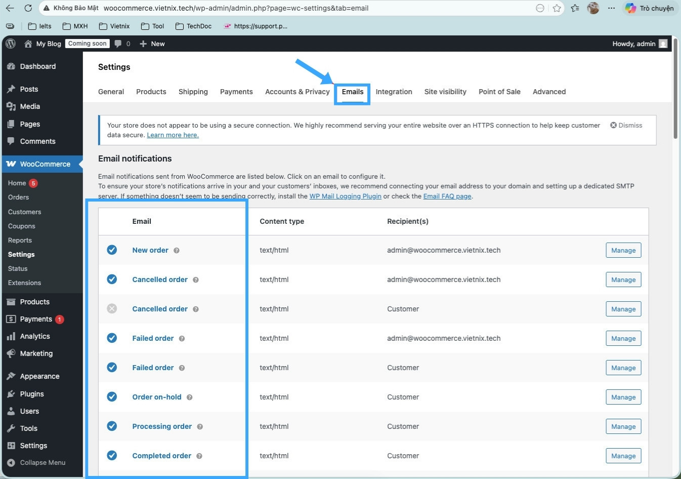 Chọn Emails và kiểm tra