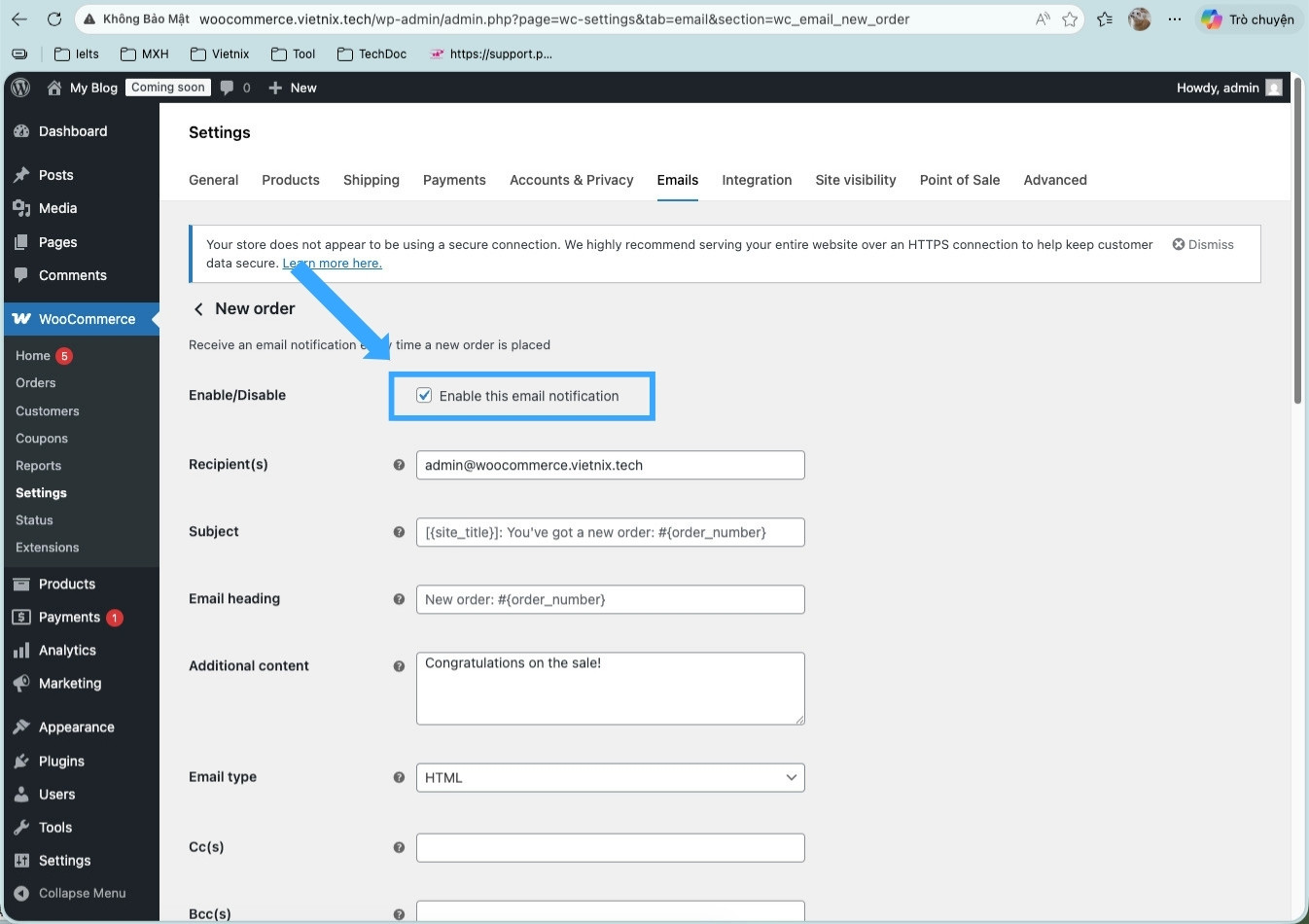 Kiểm tra tùy chọn Enable this email notification