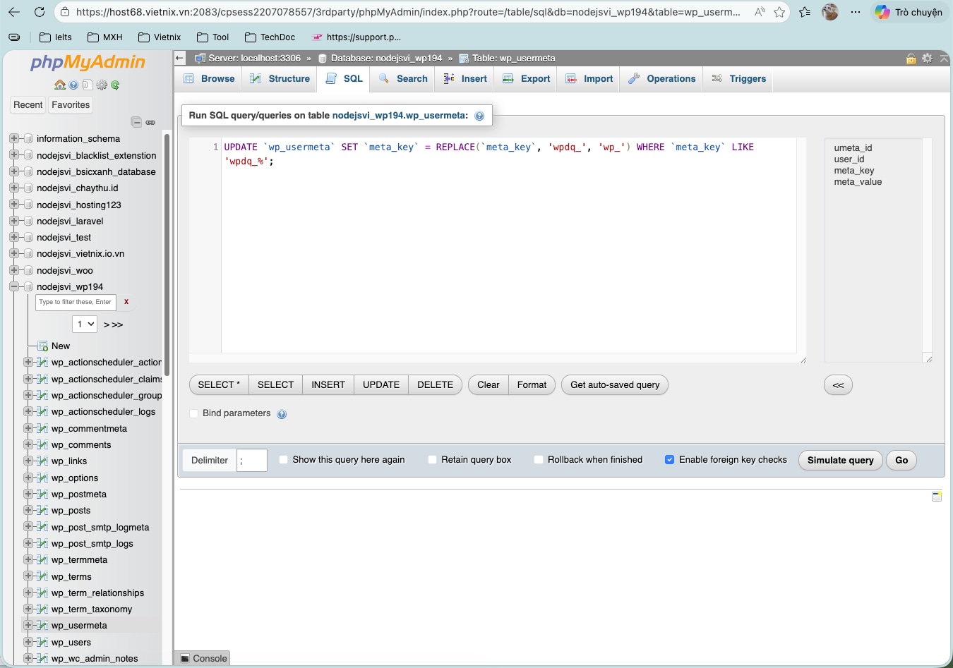 Bạn chạy lệnh SQL để cập nhật prefix mới