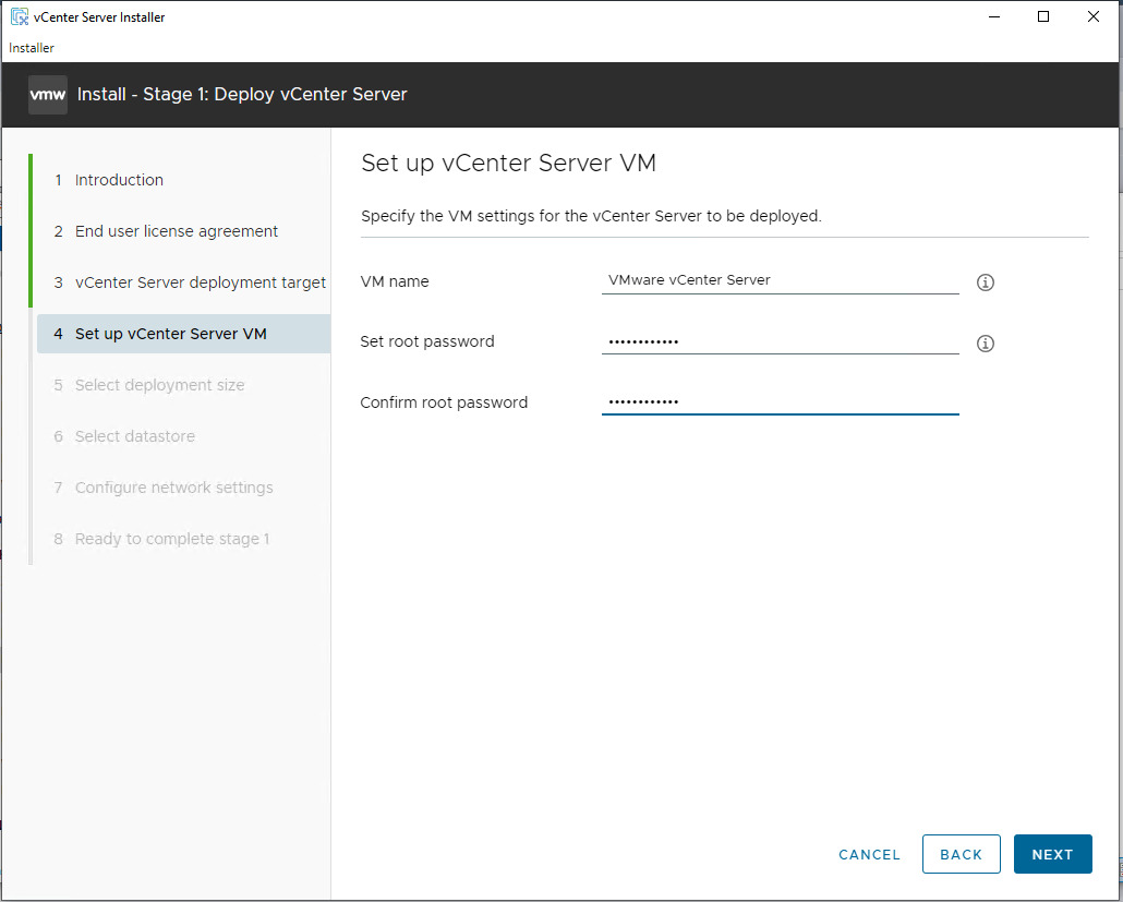 Nhập thông tin phần Set up vCenter Server VM